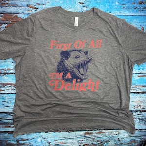 May include: A heather gray t-shirt with the text "First Of All I'm A Delight" in red script. The shirt features a blue and gray illustration of an opossum with its mouth open.