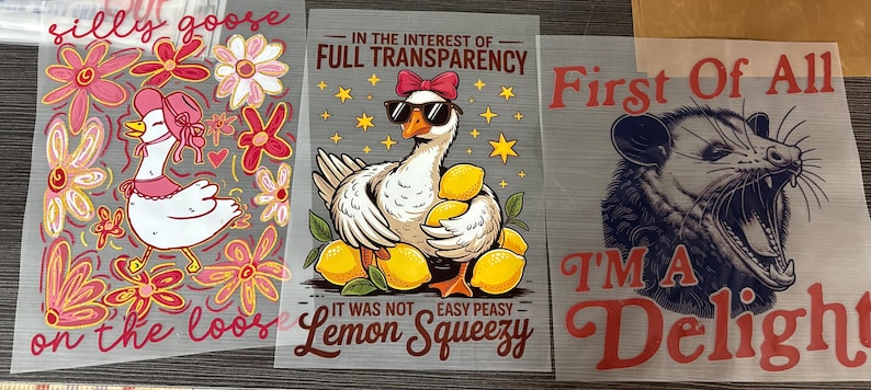 May include: Three heat transfer vinyl sheets with whimsical designs. One features a goose with a hat and the text "silly goose on the loos". Another shows a goose with sunglasses and lemons, with text "In the interest of full transparency" and "Lemon Squeezy". The last one has a possum with the text "First of all I'm a delight".