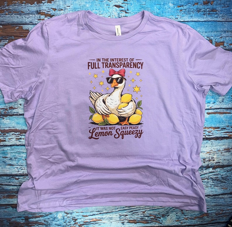 May include: A light purple t-shirt featuring a cartoon goose wearing sunglasses and a bow tie, surrounded by lemons. The text reads "IN THE INTEREST OF FULL TRANSPARENCY, IT WAS NOT EASY PEASY Lemon Squeezy."