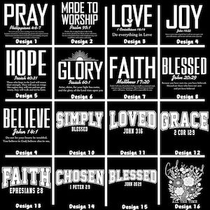 May include: A black and white graphic design featuring 16 different designs with religious text. The words include "PRAY", "LOVE", "JOY", "HOPE", "GLORY", "FAITH", "BLESSED", "BELIEVE", "SIMPLY BLESSED", "LOVED", "GRACE", "FAITH", "CHOSEN", and "BLESSED".