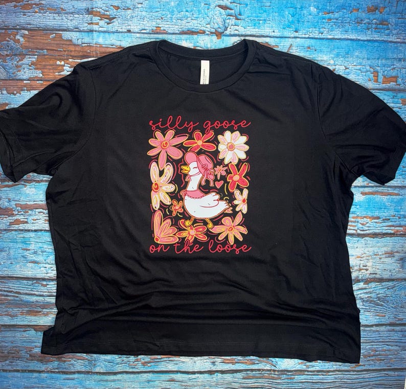 May include: Black t-shirt with a floral graphic featuring a goose wearing a pink hat and the text "silly goose on the loose" in pink. The flowers are pink, white, and orange. The shirt is made of a soft material.