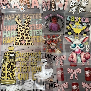 May include: A collection of colorful graphic designs, including the words "MAMA MINI" and "HAPPY EASTER". The designs feature a leopard print bunny, a crying child, a chick with sunglasses, and a rabbit blowing a bubble.
