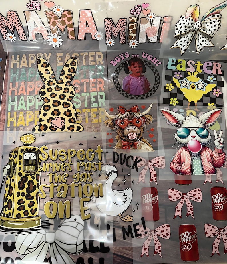 May include: A collection of colorful graphic designs, including the words "MAMA MINI" and "HAPPY EASTER". The designs feature a leopard print bunny, a crying child, a chick with sunglasses, and a rabbit blowing a bubble.