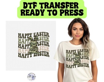 Happy Easter Camo DTF Transfer | Heat Transfer | Ready To Press | Camouflage Easter Bunny  | Wavy Writing | Cute Easter Design