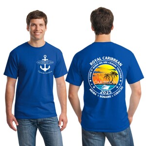 May include: Two royal blue t-shirts. The left shirt has a white anchor with the text "CARIBBEAN 2025 Carnival Sunshine". The right shirt has a white circle with the text "ROYAL CARIBBEAN I LOVE IT WHEN WE ARE CRUISIN' TOGETHER * CARIBBEAN * ARUBA BONAIRE CURACAO 2025" and a sunset graphic with a cruise ship.