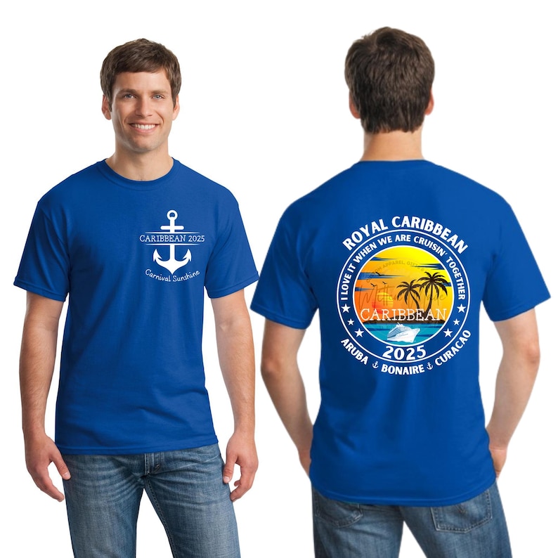 May include: Two royal blue t-shirts. The left shirt has a white anchor with the text "CARIBBEAN 2025 Carnival Sunshine". The right shirt has a white circle with the text "ROYAL CARIBBEAN I LOVE IT WHEN WE ARE CRUISIN' TOGETHER * CARIBBEAN * ARUBA BONAIRE CURACAO 2025" and a sunset graphic with a cruise ship.