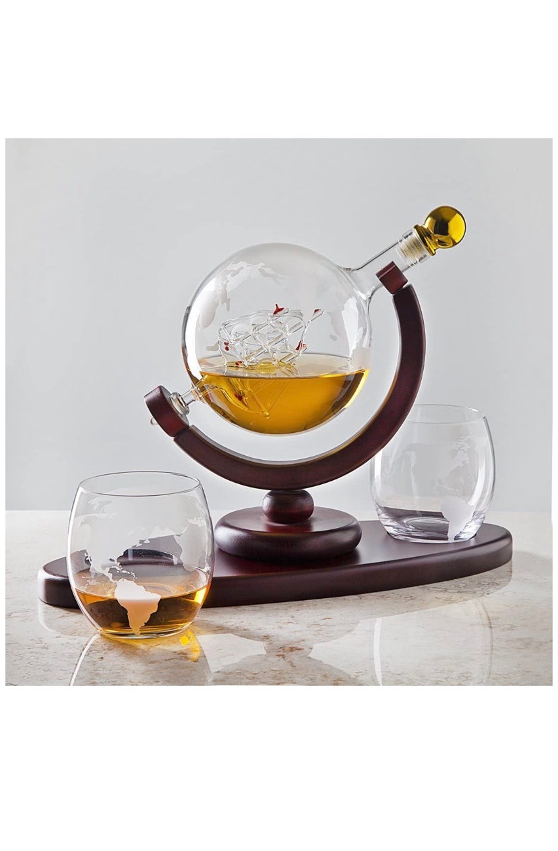 Whiskey Decanter Globe Set with 2 Etched Globe Whisky Glasses Etsy