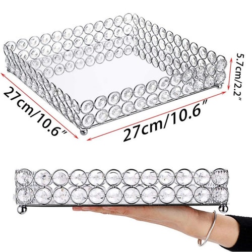 Handmade buy 10.6 Inch Crystal Cosmetic Rectangular Makeup Tray | Mirrored Vanity Jewelry Decorative Trinket Tray Organizer for Makeup Brushes