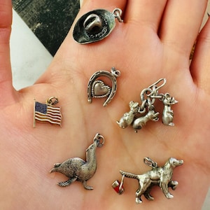 May include: A collection of silver charm pendants, including a cowboy hat, horseshoe with a heart, a small American flag, a seal, a dog, and two pigs.