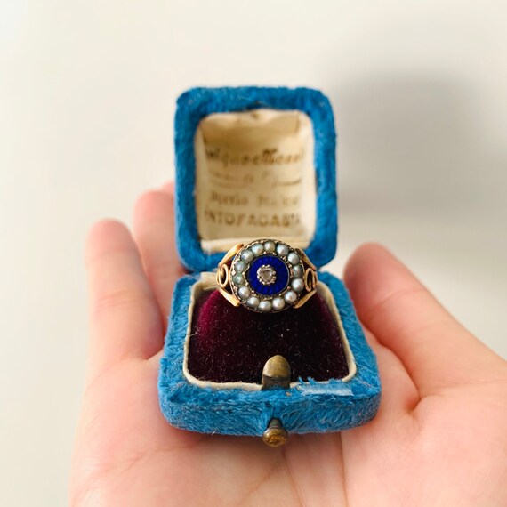 Antique Georgian Blue Enamel Pearl Halo ring | Ant