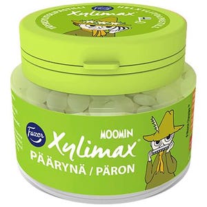 May include: A green jar of Xylitol sugar-free sweets with a Moomin character on the label. The jar is filled with white sweet pieces and has a green lid with a black handle.