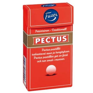 May include: A red and brown box of Pectus lozenges. The box has the Fazer logo and the text "Perinteinen - Traditionell" and "Pectus pastillit raikastavat suun ja hengityksen. Pectus pastiller get en frisk och ten smak i munnen."