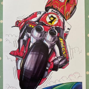 Ducati Racing Motorcycle Caricature A3 Vintage Print