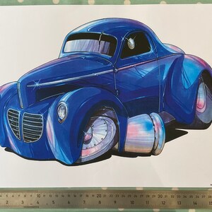 May include: A blue custom-built hot rod car with chrome accents and large wheels. The car has a sleek, aerodynamic design and a classic hot rod style.