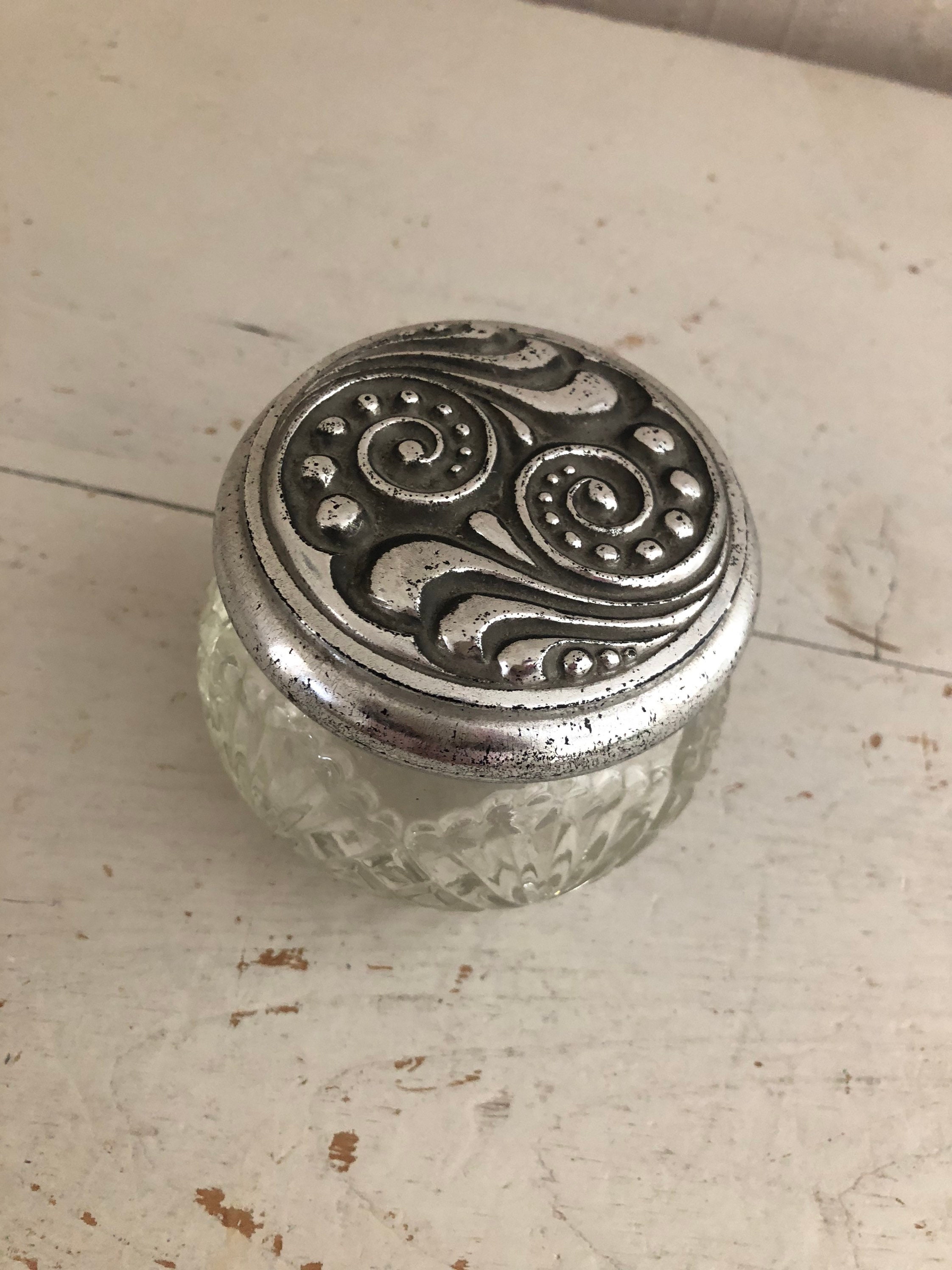 Vintage Avon Glass Jar with Silver Tone Lid 1960\u2019s Collectible