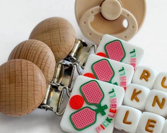 Pickleball Silicone Personalized Pacifier Clip • Baby Shower Newborn Gift