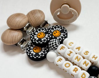 One Happy Dude Personalized Pacifier Clip with Checker Print Smiley Face • Add Any Baby Boy Name • Lucky One First Birthday or New Mom Gift