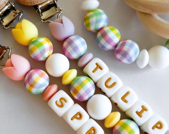 Tulip Flower Personalized Pacifier Clip • Colorful Easter Eggs + Easter Bunny Styles • New Mom Gift