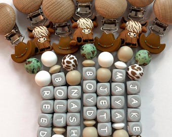 Personalized Cowboy Hat Pacifier Clip • Custom Name Highland Cow Newborn Gift