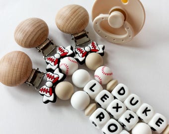 Personalized Pacifier Clip with Baseball Bows + Baby Name • Newborn Baby Shower Gift for Baseball Mom