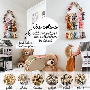 May include: A display of colorful hair bows hanging on a wooden rack. The image includes text that says "clip colors, add more clips + view all colors in detail" and "find link in the description". Additional images show wooden rings in gold, white, bronze, copper, black, and silver.