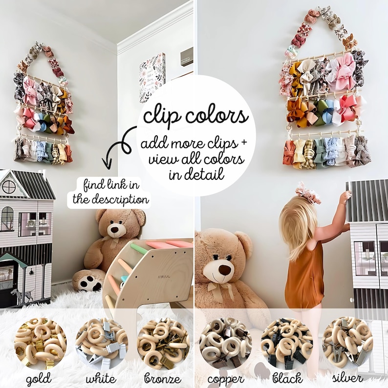 May include: A display of colorful hair bows hanging on a wooden rack. The image includes text that says "clip colors, add more clips + view all colors in detail" and "find link in the description". Additional images show wooden rings in gold, white, bronze, copper, black, and silver.