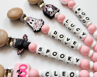 Personalized Pink Halloween Pacifier Clip with Bow Ghost + Bat • Baby Girl Gift