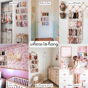May include: A collage showcasing various locations to hang baby accessories. The image features headbands and bows displayed on racks and hooks near a closet, behind a door, on wall hooks, near a crib, by a changing station, and above a dresser.