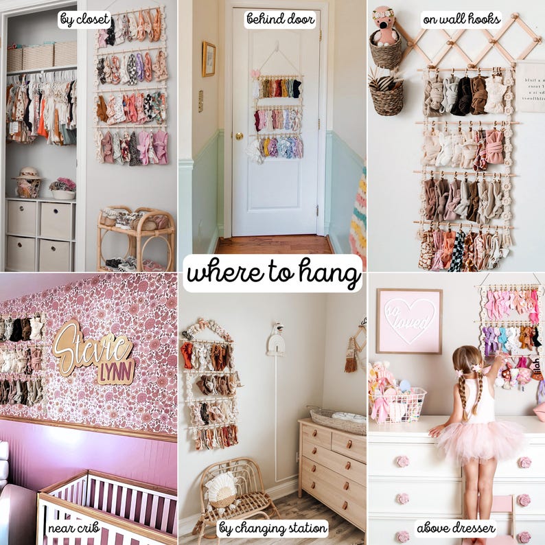 May include: A collage showcasing various locations to hang baby accessories. The image features headbands and bows displayed on racks and hooks near a closet, behind a door, on wall hooks, near a crib, by a changing station, and above a dresser.