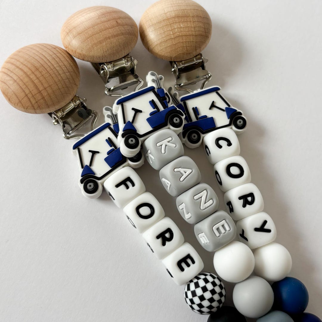 Golf Pacifier Blue + Pink Personalized Golf Cart Pacifier Clips • Add to New Mom Gift ...