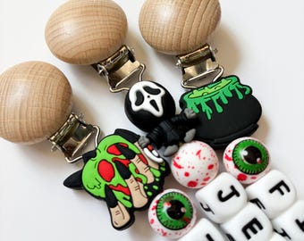 Spooky Halloween Personalized Pacifier Clip • Horror Movie Lover Mom Gift