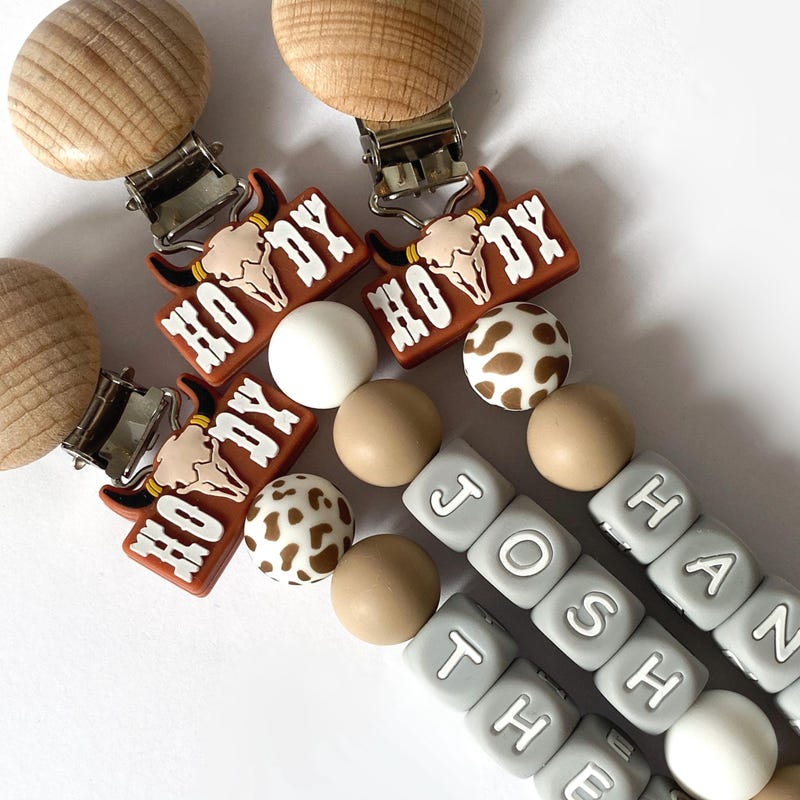 Personalized Silicone Pacifier Clip • Add Baby Boy or Girl Name • Custom Cowboy Gift • Newborn Gift