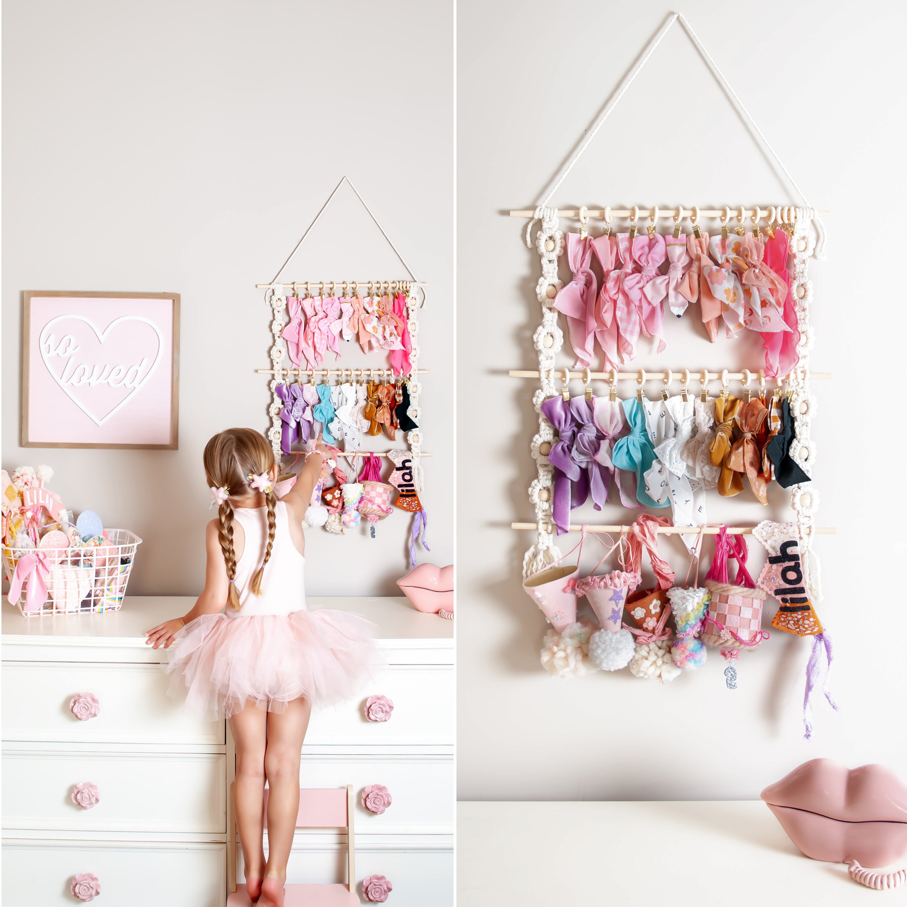2 Pack Wall Hanging Bow Holder with 20 Hooks Hair Bow Holder Organizer for  Girls Hanger Headband Storage Organizer Include 40 Metal Bow Hanger Clips