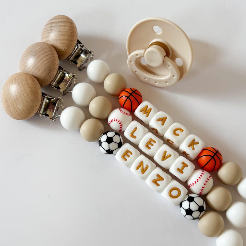 Personalized Pacifier Clip • Add Baseball, Football, Soccer or Basketball + Newborn Baby Boy + Girl Name • Custom Baby Shower + New Mom Gift