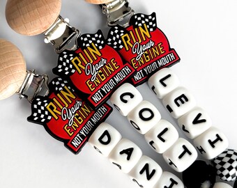 Racing Flag Personalized Pacifier Clip • Race Car Mom Baby Shower