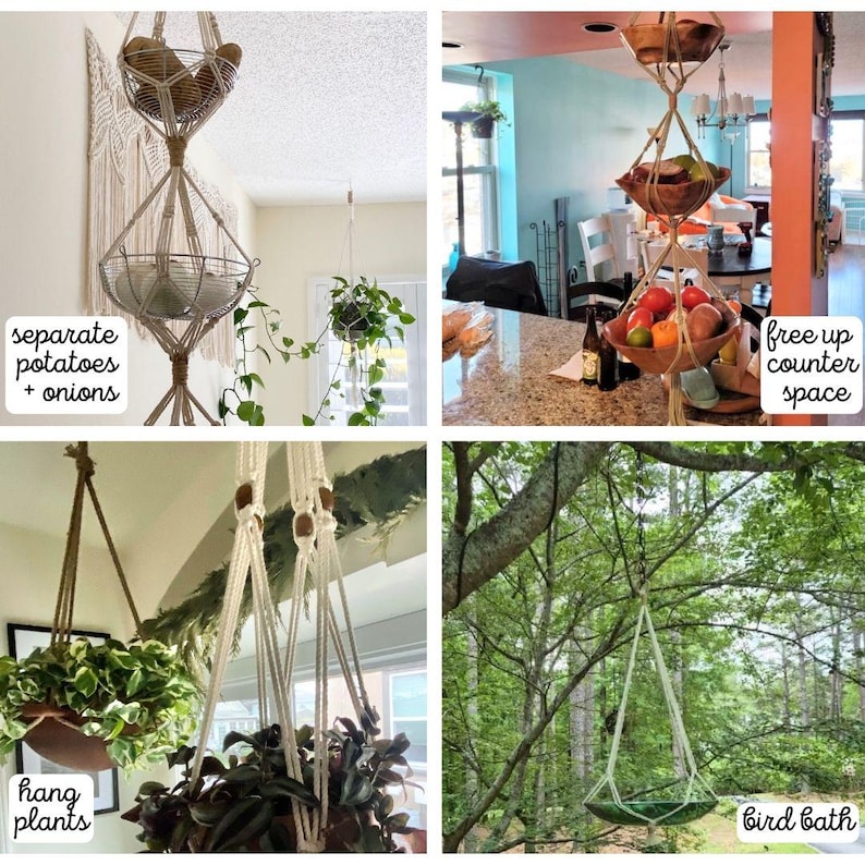 May include: A collage of images showcasing handmade macrame hanging baskets. One basket holds potatoes and onions, another displays fruit, and others hold plants. The last image shows a bird bath. Text includes "separate potatoes + onions", "free up counter space", "hang plants", and "bird bath".