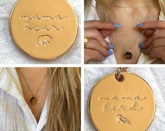 Engraved Necklace with Mama Bear + Mama Bird • Matching Necklaces Mom + Daughter Gift •  New Mom Gift •  Dainty Gold Charm Mom Necklace
