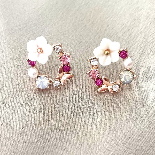 Wreath Earrings, 925 Silver, rose gold plated, Tiny circle stud earrings,  Flower ,Pearl earrings