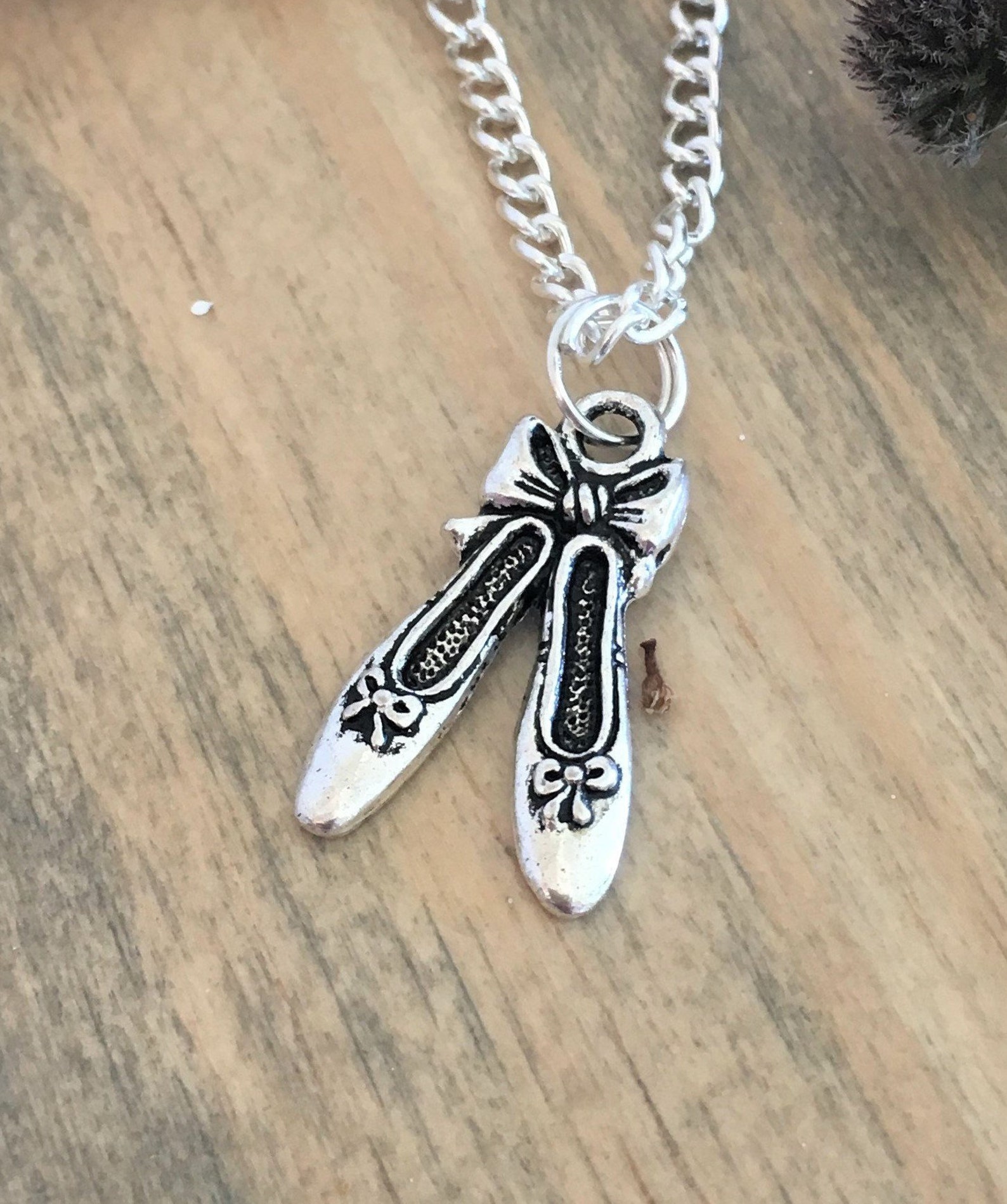 silver plated necklace,16inc curb chain,pendant with extender chain, ballet shoes, dancer, dancing,ballerina.