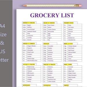 Könnte beinhalten: Eine druckbare Einkaufsliste mit Kategorien für Bäckerei, Milchprodukte, Tiefkühlkost, Snacks, Obst und Gemüse, Fleisch, Gewürze, Gesundheit und Schönheit, Babyartikel, Getränke, Haushalt und Vorratskammer. Die Liste enthält Mengen und Artikel für jede Kategorie.