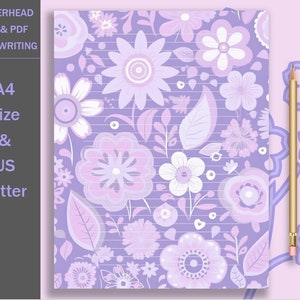 Papel timbrado de caligrafia violeta e rosa, papel de escrita forrado de rosa violeta, linda carta floral violeta e rosa, letras de papel de escrita modernas