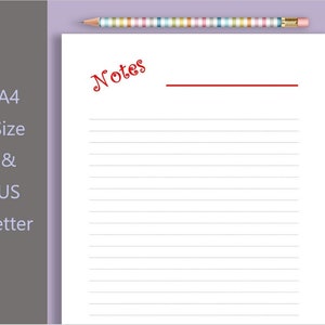 Könnte beinhalten: Ein leeres, liniertes Blatt Papier mit dem Wort "Notes" in Rot oben. Das Papier ist von einem lila Hintergrund mit einem Blumenmuster umgeben.