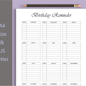 Birthday List, Remember Birthday, Birthday Keeper, Yearly Birthday Printable, A4 Size & US Letter, Printable Birthday Calendar Template