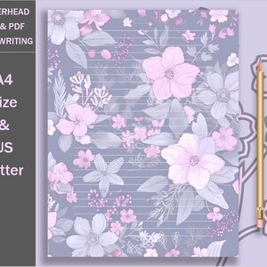 Könnte beinhalten: Blumiges Briefpapier mit grauem Hintergrund und rosa und weißen Blumen. Das Papier hat horizontale Linien zum Schreiben und den Text "LETTERHEAD JPG & PDF HANDWRITING A4 Size & US Letter". Ein goldener Bleistift mit rosa Radiergummi liegt daneben.