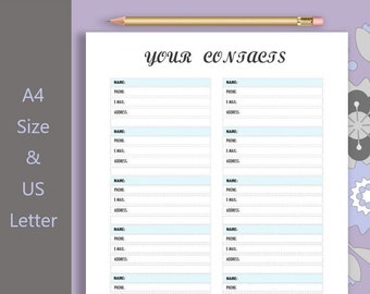 Lista de contactos imprimible, inserciones de contactos, contactos comerciales, lista de contactos, contactos importantes, contactos, plantilla de contacto, contactos de emergencia