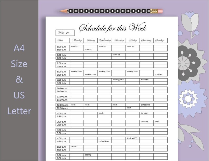 Puede incluir: Un planificador semanal imprimible en blanco y negro con un dise&ntilde;o sencillo. El planificador incluye una columna para cada d&iacute;a de la semana y una franja horaria para cada media hora de 5:00 am a 6:30 pm. El planificador est&aacute; etiquetado como "Schedule for this Week".