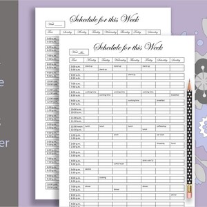 Puede incluir: Un planificador semanal imprimible con un dise&ntilde;o en blanco y negro. El planificador tiene columnas para cada d&iacute;a de la semana y filas para cada hora del d&iacute;a. El planificador est&aacute; etiquetado como "Schedule for this Week".