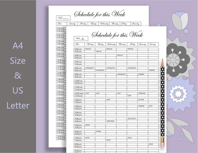 Puede incluir: Un planificador semanal imprimible con un dise&ntilde;o en blanco y negro. El planificador tiene columnas para cada d&iacute;a de la semana y filas para cada hora del d&iacute;a. El planificador est&aacute; etiquetado como "Schedule for this Week".
