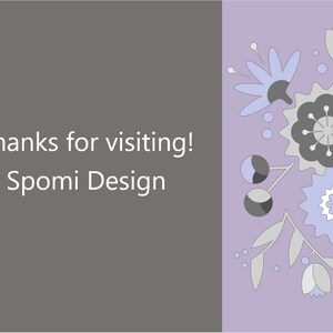 Puede incluir: Una tarjeta de agradecimiento gris y p&uacute;rpura con el texto "&iexcl;Gracias por visitar! Spo mi Design" en el lado izquierdo y un dise&ntilde;o floral estilizado en el lado derecho.