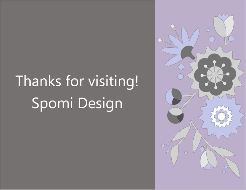 Puede incluir: Una tarjeta de agradecimiento gris y p&uacute;rpura con el texto "&iexcl;Gracias por visitar! Spo mi Design" en el lado izquierdo y un dise&ntilde;o floral estilizado en el lado derecho.